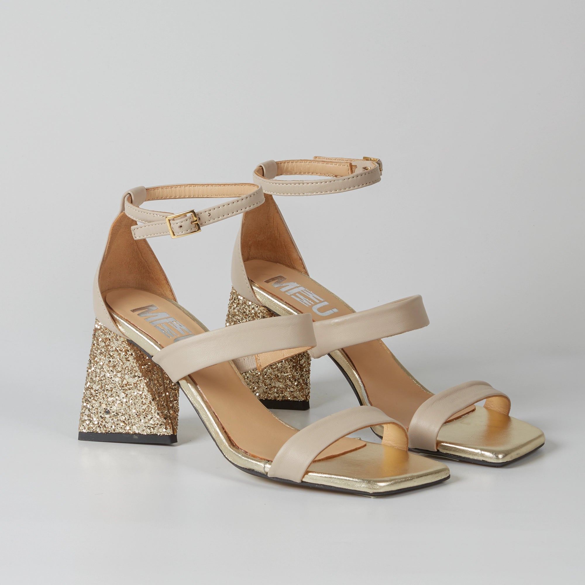 Sandali in Pelle Beige Lorena con Tacco in glitter dorato
