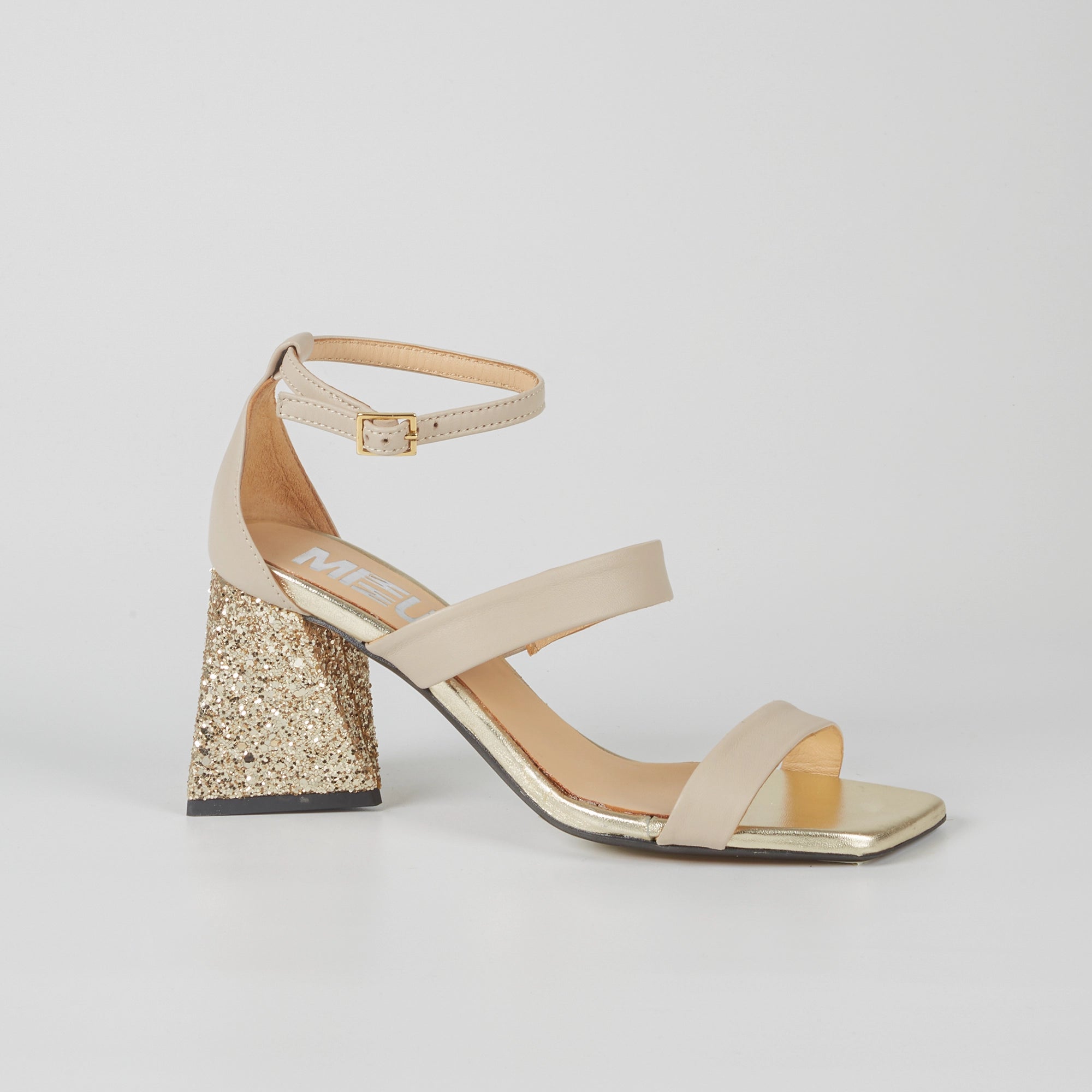 Sandali in Pelle Beige Lorena con Tacco in glitter dorato