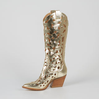 Perforated Texan Boots in Golden Amber Laminated Leather