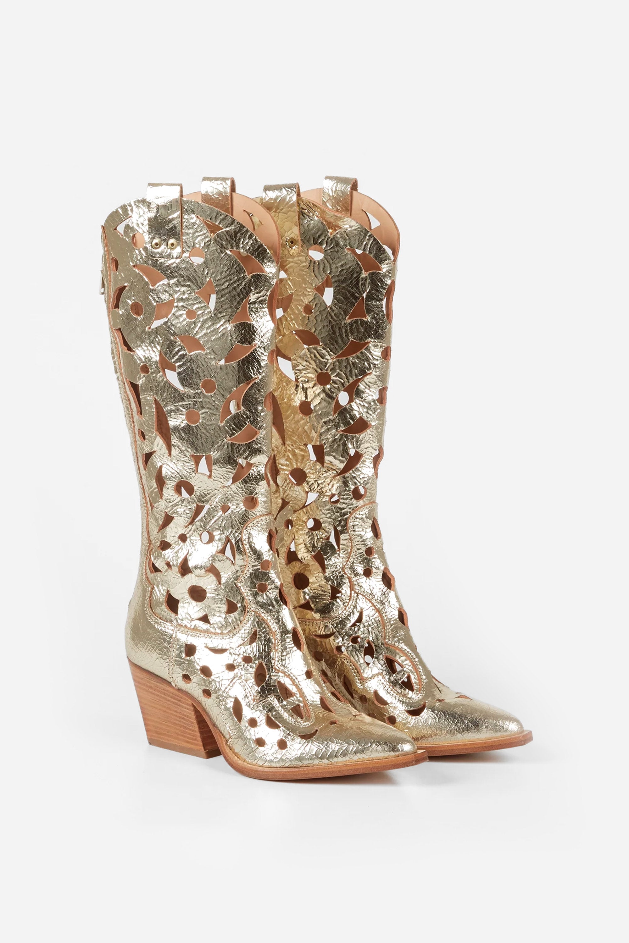 Botas Texanas Caladas en Piel Laminada Ámbar Dorado